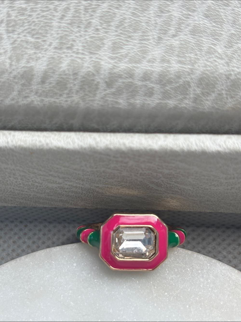 Pink and Green Enamel Cocktail Ring with Clear Center Stone